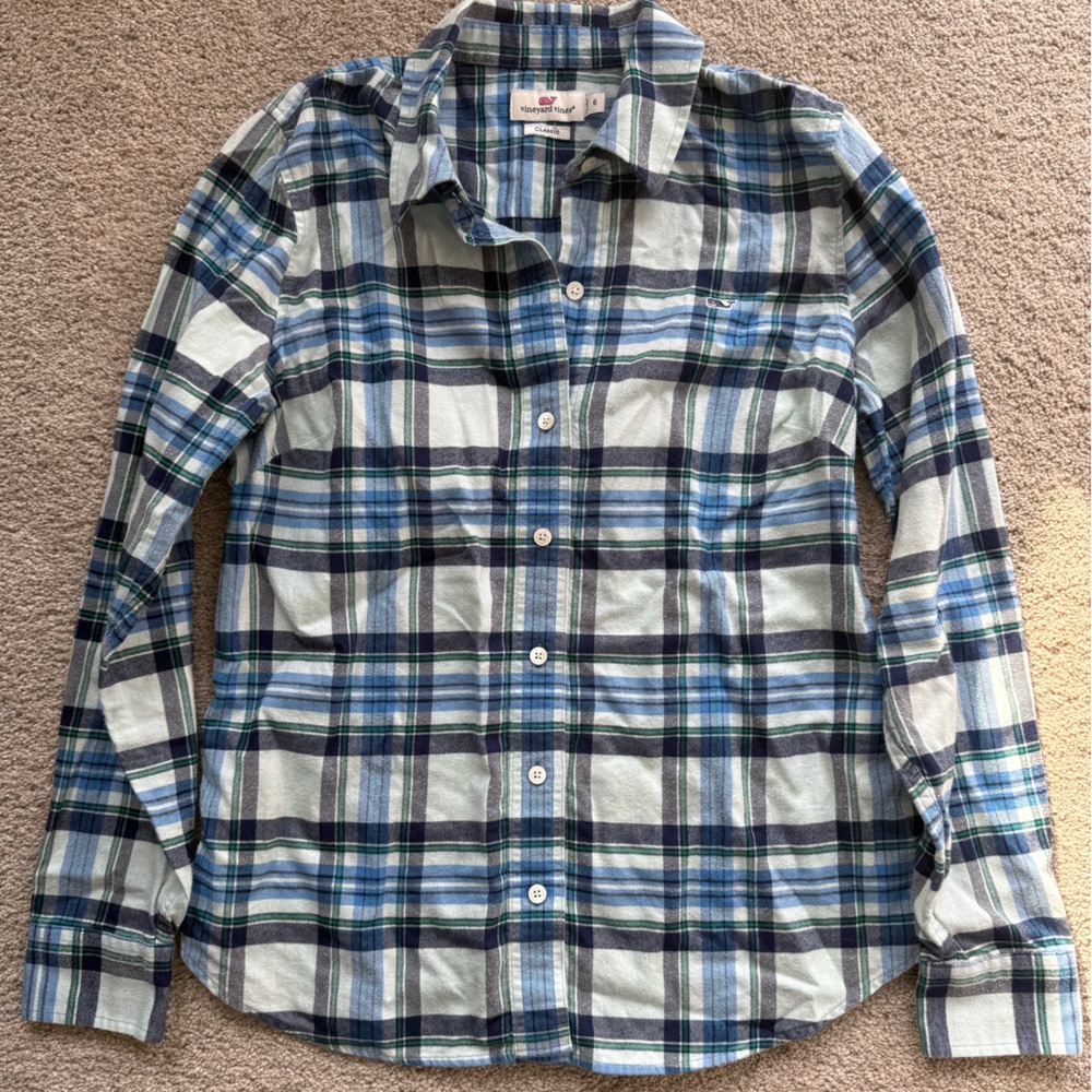 Vineyard Vines Classic Blue and Green Plaid Shirt 100% Cotton Size 6